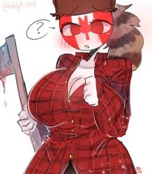 1girls among_us among_us_reference axe bald bald_female big_breasts big_thighs blood blood_on_weapon blush blushing_at_viewer breasts canada_(countryhumans) clothed_female collarbone countryhumans countryhumans_girl covered_breasts female female_focus female_only hat holding holding_object holding_weapon kak0yt0_chel leaf looking_at_viewer question_mark red_clothes red_clothing red_eyes red_stripes shading solo solo_female solo_focus tagme tagme_(artist) thighs thin_neck watermark white_background white_skin