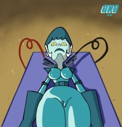 2016 breasts cartoon_network clothing dexter's_laboratory dexter's_mom female gkg gloves humanoid lying machine mom_droid nipples on_back pussy robot solo voluptuous wide_hips