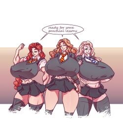3girls belly_button blonde_hair blue_eyes braid breasts breasts_bigger_than_head brown_eyes brown_hair female ginny_weasley girls_only harry_potter hermione_granger huge_breasts large_breasts luna_lovegood miniskirt muscular muscular_female n647 nipples_visible_through_clothing no_bra red_eyes red_hair school_uniform talking tall_female thighhighs tie