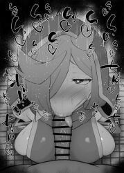 1boy :>= ahoge anemo_nemo bar_censor blue_tunic blush breasts censored erection fellatio female greyscale hair_over_one_eye hood hooded_dress kurotama large_breasts leberblume long_hair looking_at_viewer mahou_shoujo_ni_akogarete monochrome nose_blush open_mouth oral penis pointless_censoring pov pov_crotch saliva short_hair sideless_dress sideless_outfit solo_focus sound_effects straight sweat tile_floor tiles toilet toilet_stall very_long_sleeves