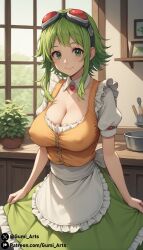 1girls ai_generated apron cleavage covered_nipples dress goggles goggles_on_head green_eyes green_hair gumi gumi_arts indoors large_breasts looking_at_viewer megpoid_gumi short_hair short_sleeves sidelocks smile stable_diffusion vocaloid