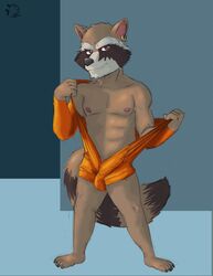 anthro athletic barefoot bulge carpemortem_(artist) clothing front_view guardians_of_the_galaxy looking_at_viewer male male_only mammal marvel nipples pecs penis_outline pinup pose raccoon rocket_raccoon signature solo spread_legs spreading standing undressing