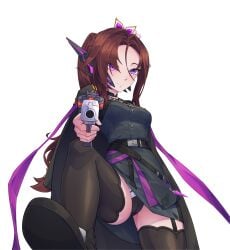 absurdres aiming antennae belt black_cape black_dress black_panties black_shoes black_skirt black_thighhighs breasts brown_hair buttons cameltoe cape commission commissioner_upload dress dusk_(wayanfa) gun hair_ornament hairclip highres holding holding_gun holding_weapon kiauwrenn knees looking_at_viewer non-web_source original panties pink_eyes pointing pointing_at_viewer ponytail shoes skirt small_breasts smile stepping_on_viewer thighhighs thighs underwear weapon
