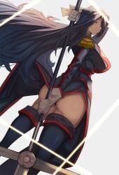 anti-demon_corps_uniform ass azuma_fubuki blue_eyes blue_hair braid bubble_butt gloves hair_over_one_eye holding_spear holding_weapon large_breasts long_hair looking_at_viewer looking_back mato_seihei_no_slave milf pelvic_curtain spear