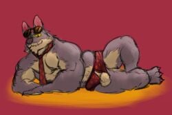 anthro balls body_hair bulge canid canine canis clothing dale_donovan_(friends_vs_friends) eyewear f4rk4sh friends_vs_friends genitals hairy_balls male male_only mammal mostly_nude muscular necktie open_underwear pecs solo sunglasses underwear wolf