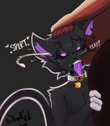 absurd_res balls bell bell_collar black_body bodily_fluids brown_body collar cum domestic_cat duo ear_penetration ejaculation elawaxd eyewear felid feline felis genital_fluids genitals glasses hand_on_head hi_res leg_grab male male/male mammal open_mouth penetration purple_ears purple_eyes sex sound_effects teeth tongue tongue_out violet_vendetta
