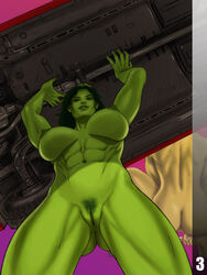 1girls abs belly biceps big_breasts breasts car female female_only green_eyes green_hair green_skin hips hulk_(series) large_breasts long_hair low-angle_view marvel marvel_comics muscular muscular_female navel nipples nude pinup pubic_hair pussy she-hulk solo strong thick_thighs thighs underboob vagina zakuman