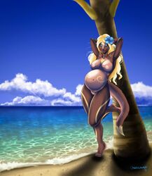 anthro beach belly big_belly breasts female flower fur furry hair huge_belly looking_at_viewer mammal mustelid nipples otter pregnant ready_to_pop sea seaside smile solo thesolarwinds water