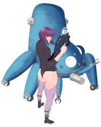 1girls ass behind_view ghost_in_the_shell jacket kusanagi_motoko leotard purple_hair tachikoma thighhighs white_background