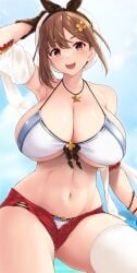 1girls atelier_(series) atelier_ryza beach bikini breasts female hat hi_res huge_breasts kemigawa_mondo large_breasts light-skinned_female light_skin looking_at_viewer naughty_face outdoors reisalin_stout smile thick_thighs