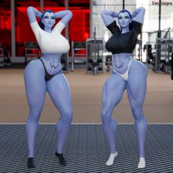 2girls 3d abs amelie_lacroix ass big_ass big_breasts black_fingernails black_nails black_thong blizzard_entertainment blue_hair elbow_sleeve female female_only fit fit_female gym looking_at_viewer muscular muscular_female muscular_thighs no_pants oiled oiled_skin oily overwatch overwatch_2 ponytail purple-skinned_female purple_skin sports_bikini sports_bra tattoo tattoo_on_stomach thick_thighs thong thunder_thighs vonsvaigen wide_hips widowmaker yellow_eyes