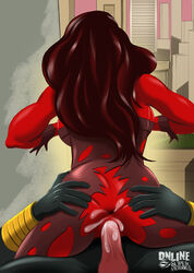 1boy 1girls 2d anus ass backboob betty_ross big_breasts bodysuit breasts covered_breasts dark_hair female fingerless_gloves gloves hulk_(series) large_breasts long_hair male marvel marvel_comics multicolored_hair navel online_superheroes penetration penis pussy red-skinned_female red_hair red_she-hulk red_skin sex spread_legs straight tagme torn_clothes two_tone_hair unseen_male_face vagina vaginal_penetration yellow_eyes