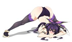 2d 2d_(artwork) ass blush breasts bubble_ass bubble_butt date_a_live exposed_breasts female front_view jack-o_pose light-skinned_female long_hair naked naked_female nipple_slip nipples panties purple_eyes purple_hair socks socks_and_shoes solo solo_female spread_legs yatogami_hebikura yatogami_tohka