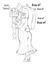 abesdrawings age_difference black_and_white brat carrying_partner confused confusion cream_the_rabbit cub femdom heart-shaped_pupils heartbeat huge_breasts innocent large_breasts mommy monochrome mother_and_daughter older_female size_difference sonic_(series) tits vanilla_the_rabbit young younger_female yuri