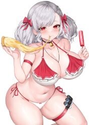 absurdres bell belly bikini blush bow breasts cheese cheese_trail cleavage deogho_(liujinzy9854) female food girls'_frontline girls'_frontline_2:_exilium grey_hair hair_ornament hairbow highres holding holding_food holding_pizza holding_popsicle huge_breasts jingle_bell long_hair looking_at_viewer multicolored_bikini navel neck_bell official_alternate_costume pizza pizza_slice popsicle red_bikini red_bow red_eyes sabrina_(girls'_frontline_2) simple_background skindentation solo spas-12_(girls'_frontline) spas-12_(strawberry_zabaglione)_(girls'_frontline) swimsuit thick_thighs thighs twintails two-tone_bikini white_background white_bikini