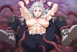 ai_generated dorohedoro exposed_breasts imminent_anal imminent_sex imminent_tentacle_sex muscular_female nervous_smile noi_(dorohedoro) restrained tentacle