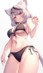 1girls animal_ears aoi_zerii belly_button bikini black_bikini black_hair blush braided_hair cat_ears cat_tail female female_focus female_only front_view grey_hair high_resolution highres hololive hololive_japan holox hourglass_figure light-skinned_female light_skin looking_at_viewer low-angle_view red_nails sakamata_chloe short_hair simple_background smiling smiling_at_viewer solo solo_female standing swimsuit thong thong_bikini two_piece_swimsuit two_tone_hair virtual_youtuber vtuber vtuberfanart white_background young younger_female