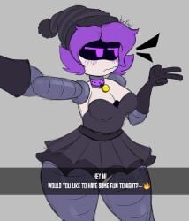 alternate_version_available ass big_ass big_thighs blush breasts clothed collar dialogue dialogue_box drone female female_only huge_ass huge_thighs kayl medium_breasts murder_drones purple_eyes purple_hair robot robot_girl solo tagme teasing text thick_hips thick_thighs thighs uzi_(murder_drones)