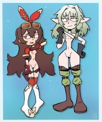 2girls amber_(genshin_impact) bangs big_ears blue_background blush boots brown_hair elf elf_ears elf_female elf_girl female female_only flashing flashing_breasts flashing_pussy genshin_impact gloves goblin_slayer goggles_on_head green_eyes green_hair hairbow high_elf_archer_(goblin_slayer) looking_to_the_side multiple_girls nastrovert nervous orange_eyes panties_down pants_down pointy_ears shirt_lift shirt_up simple_background stylized vagina wide_hips