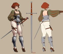 armor caged_cock chastity chastity_cage chastity_device cock_cage dagger fembody green_eyes high_heels penis penis_cage red_hair short_hair sword tagme ztyoho