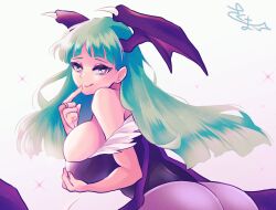 1girls bare_shoulders bat_wings busty capcom darkstalkers green_hair hearts_in_eyes huge_breasts licking_lips light-skinned_female light_skin looking_at_viewer morrigan_aensland sideboob skm_nnm succubus tight_clothing tongue_out