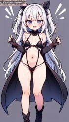 ai_generated ai_hands anime anime_style black_bra black_panties black_underwear bra female female_human female_only girl girls only_female only_girl purple_eyes small_boobs small_breasts smaller_female soli_sketch thick_thighs thigh_highs thighhighs thighs white_hair wide_hips