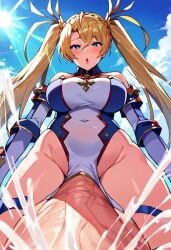 ai_generated big_breasts blowjob bradamante_(fate) cum_in_mouth fate_(series) futa_only futanari looking_at_viewer low-angle_view taker_pov