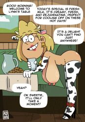 1girls 1milf 2d blonde_hair cow_print english_text huge_breasts kowa_(artist) kowaworks02 milf rita_loud sagging_breasts short_hair the_loud_house thighhighs