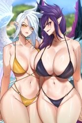 2girls annoyed annoyed_expression big_breasts bikini breast_envy breast_size_comparison breast_size_difference breasts cleavage cowboy_shot female female_only huge_breasts irritated jealous jealous_female kayle large_breasts league_of_legends meme morgana mother_daughter_boob_envy_(meme) multiple_girls outdoors purple_eyes purple_hair riot_games ryuukusnpaiarts smug smug_expression smug_face standing thick_thighs voluptuous white_hair wide_hips wings yellow_eyes