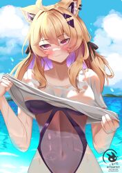 1girl 1girls ahoge animal_ear_fluff animal_ears bangs bikini black_bikini blonde_hair blue_sky blush bow breasts cat_ears cat_tail catgirl cleavage closed_mouth cloud collarbone day eyebrows_visible_through_hair face_markings female female_only fox_ears hair_between_eyes hair_bow hair_intakes hair_ornament hair_ribbon long_hair looking_at_viewer navel ocean outdoors red_eyes ribbon see-through shirt shirt_lift short_sleeves sky smile solo squchan_(vtuber) swimsuit swimsuit_under_clothes twintails virtual_youtuber vyugen water wet wet_clothes wet_shirt white_shirt