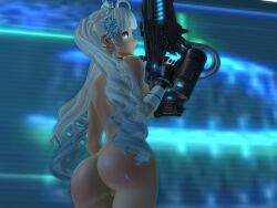 3d ass blue_eyes cyber futuristic gun maid maid_headdress naked nude nude_female pussy second_life solo_female white_hair zal zallaria zally