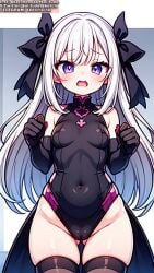 ai_generated ai_hands anime anime_style black_swimsuit bow female female_human female_only girl girls only_female only_girl purple_eyes small_boobs small_breasts smaller_female soli_sketch stockings swimsuit thick_thighs thigh_highs thighhighs thighs white_hair wide_hips