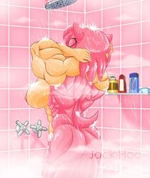 2017 abs amy_rose anthro ass bathing biceps big_breasts breasts closed_eyes female fog fur hedgehog jack_hoo_(artist) mammal muscular muscular_female nipples nozzle nude pink_fur rodent shower sideboob soap solo sonic_(series) steam water wet