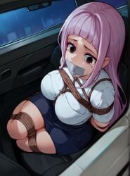 ai_generated arms_behind_back bangs bdsm black_eyes blue_skirt bondage bound_arms bound_breasts bound_legs breasts crying female female_only inside_car kidnapped large_breasts long_hair mature_female melascula miniskirt nanatsu_no_taizai no_pupils pink_hair rope rope_bondage scared seven_deadly_sins shibari_over_clothes sitting_on_car tape_gag tight_clothing white_shirt