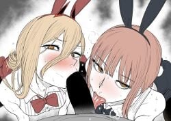 1boy 2girls animal_ears blank_censor blonde_hair censored chainsaw_man cross_eyes eyelashes fake_animal_ears fellatio hair_between_eyes horns kaiman_garupan licking licking_penis long_hair makima_(chainsaw_man) multiple_girls oral penis power_(chainsaw_man) rabbit_ears red_hair ringed_eyes simple_background straight teamwork white_background