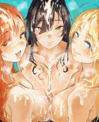 3girls arisugawa_natsuha black_hair blonde_hair blue_eyes breast_to_breast breasts brown_eyes bukkake cum cum_everywhere cum_on_hair female hachimiya_meguru hero_neisan hi_res huge_breasts idolmaster idolmaster_shiny_colors large_breasts light-skinned_female light_skin long_hair multiple_girls naughty_face orange_hair shirase_sakuya smile sweat sweaty_body