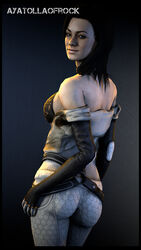 1girls 2016 3d 5_fingers ass ayatollaofrock bare_shoulders black_bra black_hair blue_eyes blush bodysuit bra breasts brown_hair butt eyebrows eyelashes eyeshadow female hands highres human large_ass large_breasts lips looking_at_viewer mass_effect miranda_lawson naughty_face nose pale_skin shiny shiny_skin short_hair solo source_filmmaker standing