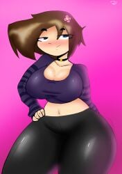 1girls black_pants blue_eyes blush breasts brown_hair choker flower_in_hair giygal jenny_belle_(slipperyt) looking_at_viewer minecraft purple_shirt smirking smirking_at_viewer solo thick_thighs