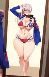 1girls ai_generated bikini blush breasts cleavage fate_(series) large_breasts leo_over_heaven mirror mirror_selfie miyamoto_musashi_(fate) miyamoto_musashi_(swimsuit_berserker) smartphone solo standing