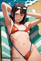 ai_generated alexandhotdogai bangs beach belly_button bikini bikini_bottom bikini_top black_hair breasts cameltoe eizouken_ni_wa_te_wo_dasu_na! freckles frown hands_behind_head hands_up keep_your_hands_off_eizouken long_hair micro_bikini ocean pussy_peek ribs sayaka_kanamori skinny skinny_female small_breasts stable_diffusion towel vacation water