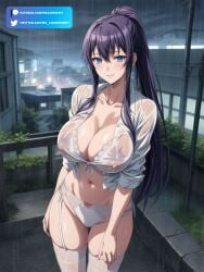 1girls ai_generated anime_style big_breasts blue_eyes breasts city_background collarbone female female_focus female_only female_solo girls highschool_of_the_dead hourglass_figure huge_breasts large_ass long_hair mr_lordprompt navel no_bra purple_hair rain saeko_busujima simple_background smile smiling smiling_at_viewer solo solo_focus stockings thick_thighs thighs upper_body wet wet_body wet_breasts wet_clothes wet_clothing wet_shirt wet_skin white_panties white_shirt white_skin white_stockings