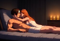 ai_generated candlelight golden_axe headband king_of_fighters kissing_cheek kyo_kusanagi massage massage_bed towel tyris_flare