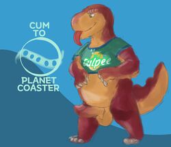 balls carpemortem_(artist) clothing dinosaur gulpee_rex_(planet_coaster) invalid_tag male male_only mascot penis planet_coaster reptile scalie shirt slightly_chubby smile solo theropod tongue tongue_out