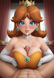 1boy 1girls ai_generated big_breasts blue_eyes breast_squeeze breasts brown_hair cfnm clothed_female_nude_male crown cum cum_on_breasts dress earrings gloves lipstick looking_at_viewer male_pov mario_(series) oppai orange_lipstick paizuri paizuri_under_clothes penis princess princess_daisy shiroppo smile smiling