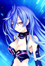 ai_generated bare_midriff bare_shoulders breasts choker cleavage close-up earrings goddess iris_heart light-skinned_female long_hair looking_at_viewer neptunia_(series) partially_clothed pink_eyes plutia purple_hair side_view smile