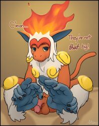 absurd_res akins anthro balls big_feet black_border blue_body blue_eyes blue_skin border brown_background dialogue digital_drawing_(artwork) digital_media_(artwork) feet fire flaccid flaming_hair foot_focus fur generation_4_pokemon genitals hair hand_feet haplorhine hi_res holding_feet infernape looking_at_viewer male mammal monkey nintendo orange_body orange_fur penis pokemon pokemon_(species) primate pseudo_hair signature simple_background sitting sitting_on_ground snaggle_tooth solo white_body white_fur white_hair