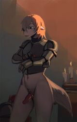 anthro armor big_clitoris boziee candle clitoris dragon erection evening female futanari genitals gynomorph hair hi_res intersex mythological_creature mythological_scalie mythology nude penis scalie short_hair short_tail solo tail warrior