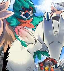 2boys avian beak big_balls big_penis bird black_fur city claws decidueye duo erection fangs feathered_wings feathers feet feline fur furry green_eyes grey_fur half-closed_eyes incineroar leg_up looming low-angle_view male male_only mammal mayar nintendo nude orange_eyes outdoors owl penis pokemon pokemon_sm red_fur sky standing stomping stripes teeth tiger video_games vines wings yellow_fur yellow_sclera