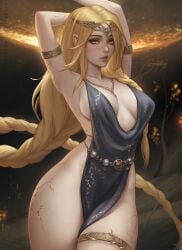 1girls armpits big_breasts blonde_hair bootybear braid cleavage elden_ring female female_only fromsoftware light-skinned_female light_skin looking_at_viewer milf queen_marika_the_eternal standing thick_thighs wide_hips