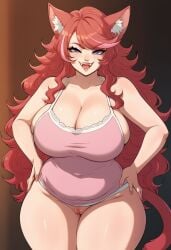 ai_generated bigpervywig breasts cat_ears chubby cleavage hourglass_figure huge_breasts long_hair mad_mew_mew mew_mew_(undertale) pussy red_hair thick_thighs undertale